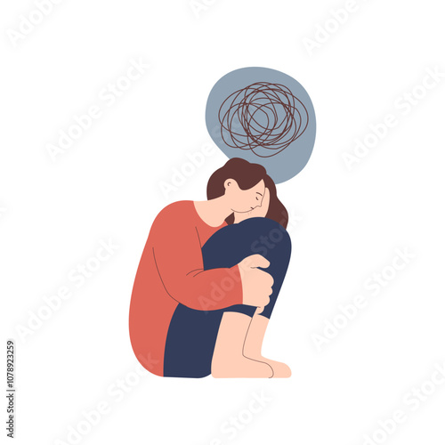 Mental disorders illustration. Frustrated woman with nervous problem feel anxiety and confusion of thoughts, closing face with palms in despair. Vector flat illustration
