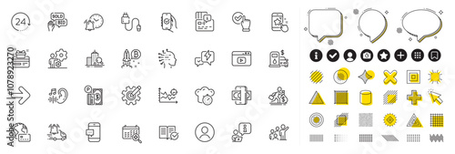 Set of Internet pay, Headshot and Lightning bolt line icons for web app. Design elements, Social media icons. Phishing, Alarm clock, Artificial intelligence icons. Vector