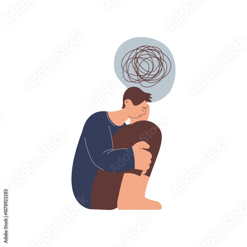 Mental disorders illustration. Frustrated man with nervous problem feel anxiety and confusion of thoughts, closing face with palms in despair. Vector flat illustration