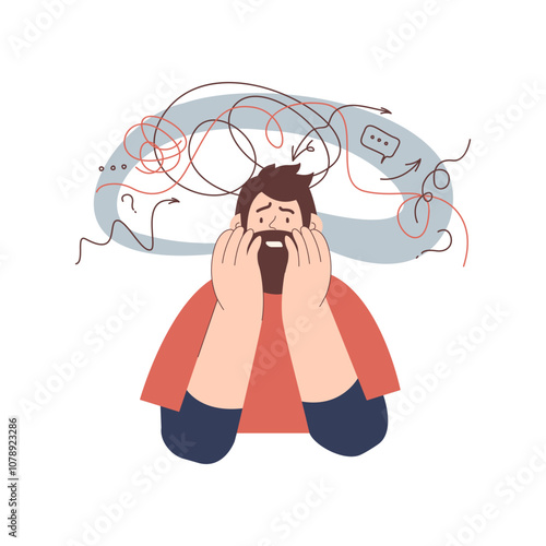 Mental disorders illustration. Frustrated man with nervous problem feel anxiety and confusion of thoughts. Male with anxiety touch head surrounded by thoughts. Vector flat illustration