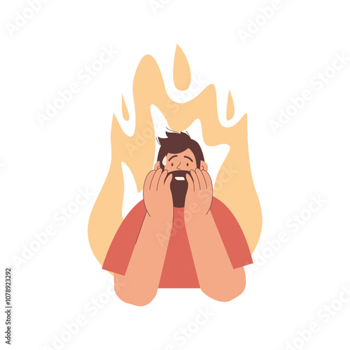 Professional burnout syndrome. Man in stress under pressure, fire on the background. Mental disorder problems. Modern vector flat illustration