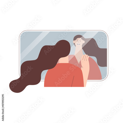 Imposter syndrome. Mental psychological disorder. Doubt, low self-esteem. Female doubtful in skills, talents looking in mirror. Modern vector illustration isolated on white background