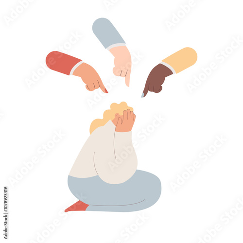 Fear of criticism, social opinion, bullying. The depressed woman is surrounded by mocking gestures. Anxious about other people judging, evaluating, blaming. Modern flat vector illustration.