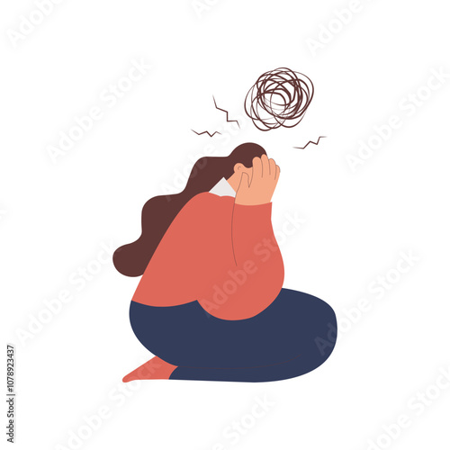 Self doubt. Emotional burnout, depression and fatigue girl. Young woman feeling exhausted. Modern flat vector illustration