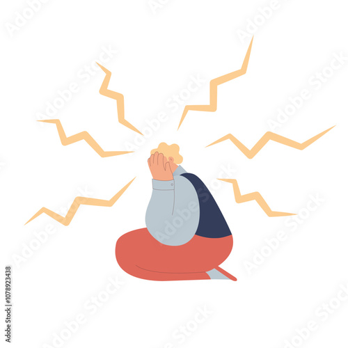 Self doubt. Fears. Emotional burnout, depression and fatigue guy. Young man feeling exhausted. Modern flat vector illustration