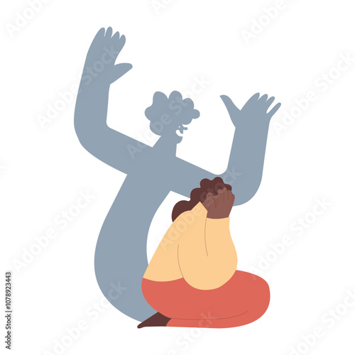 Fear, Insecurities haunting you. Woman scared of ghost evil coming out of herself, insecurities, pressure. Huge fear shadow. Modern flat vector illustration.