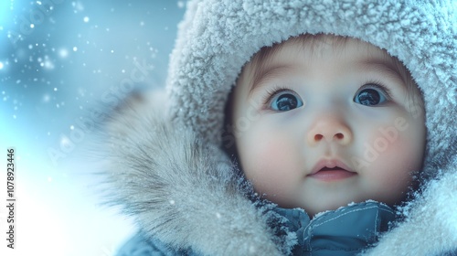 Cute Asian baby in a cozy fur-lined snowsuit enjoying a snowy day outside in winter