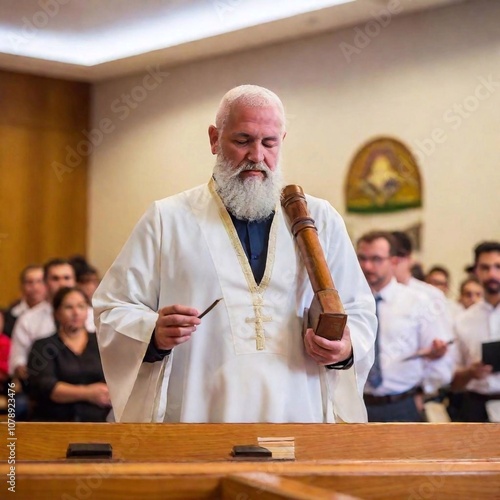 Yom Kippur religious observance: A solemn scene featuring a male rabbi leading a Yom Kippur service, with the camera positioned at a low angle, encompassing the entire congregation in a full shot, dee