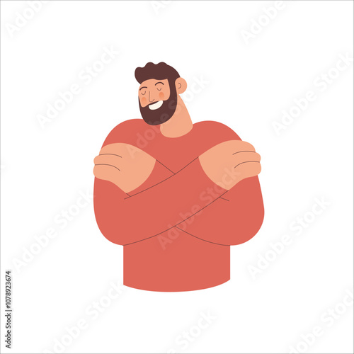 Love yourself. Love your body concept. Take time for your self. Man hugging himself isolated on white background. Modern flat vector illustration.