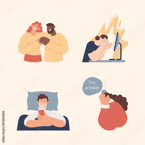 Collection of mental disorder cartoons. Self love, Burnout syndrome, Insomnia, Self doubt. Modern flat vector illustration