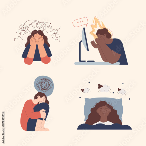 Collection of mental disorder cartoons. Anxiety, Emotional burnout syndrome, Depression, Insomnia. Modern flat vector illustration