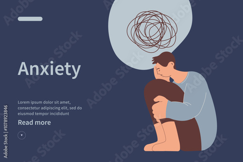 Mental disorders website concept. Frustrated man with nervous problem feel anxiety and confusion of thoughts, holding face with palm in despair. Vector flat illustration
