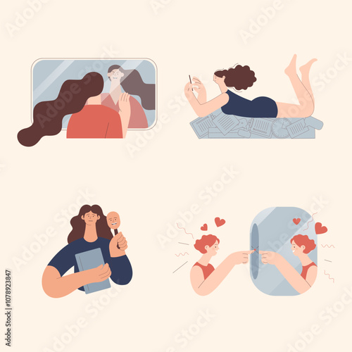Collection of mental disorder cartoons. Imposter syndrome, Procrastination, Dissociation, Self Love. Modern flat vector illustration