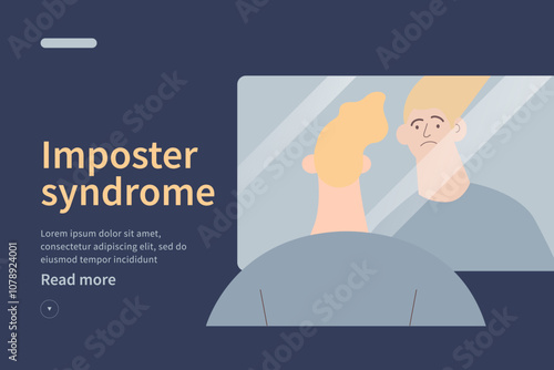 Imposter syndrome concept website. Mental psychological disorder. Doubt, low self-esteem. Male doubtful in skills, talents looking in mirror. Modern vector illustration