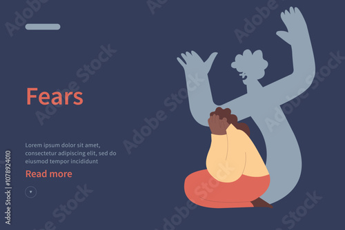 Fear website concept. Insecurities haunting you. Woman scared of ghost evil coming out of herself, insecurities, pressure. Huge fear shadow. Modern flat vector illustration