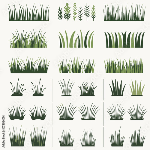 
A detailed vector collection featuring various types of grass, including lush green blades, ornamental grass clusters, and minimalist grassy patches. Ideal for landscaping, nature, or eco-themed desi