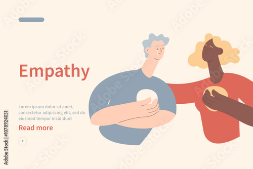 Empathy and friendship website concept. Female comforting her sad male friend. Woman supports male with psychological problems. Modern vector flat illustration