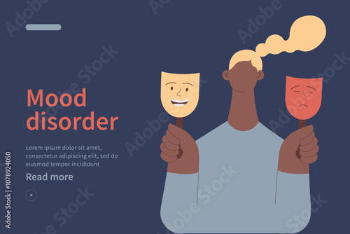 Mood disorder website concept. Woman choosing between two mood extremes masks. Modern flat vector illustration