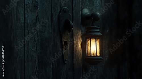 Wallpaper Mural A dimly lit lantern hangs on a weathered wooden door, casting a soft glow. Torontodigital.ca