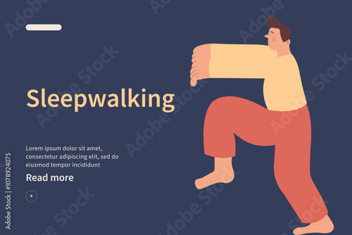 Young man sleepwalking website concept. Somnambulist walking in his dream with raised hands isolated on white background. Modern flat vector illustration