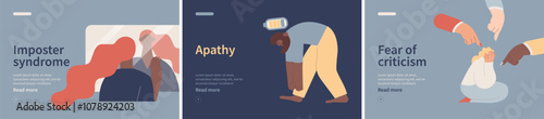 Collection of banners. Imposter syndrome, Apathy, Fear of criticism. Mental disorders. Modern flat vector illustrations
