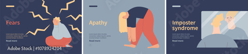 Collection of banners. Fears, Imposter syndrome, Apathy. Mental disorders. Modern flat vector illustrations