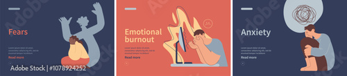 Collection of banners. Fears, Anxiety,Emotional burnout. Mental disorders. Modern flat vector illustrations