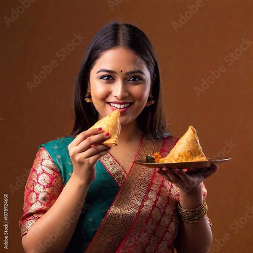 Indian woman eating crispy and spicy samosa photo