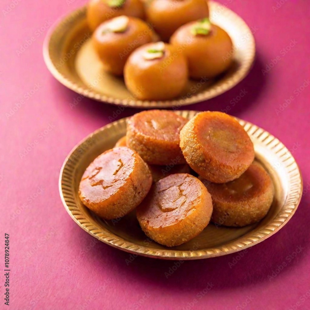 Traditional Diwali Food: An eye-level medium shot in Pop art style with rack focus, highlighting a decorative plate of traditional Diwali sweets like peda and gulab jamun. The bold colors and graphic Traditional Diwali Food: An eye-level medium shot in Pop art style with rack focus, highlighting a decorative plate of traditional Diwali sweets like peda and gulab jamun. The bold colors and graphic