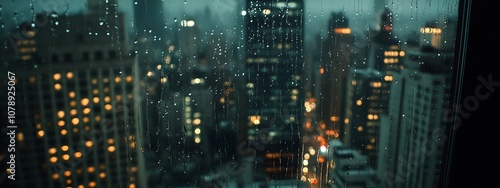 Photograph of a rainy night city through a window, with blurred lights and bokeh, raindrops on the glass