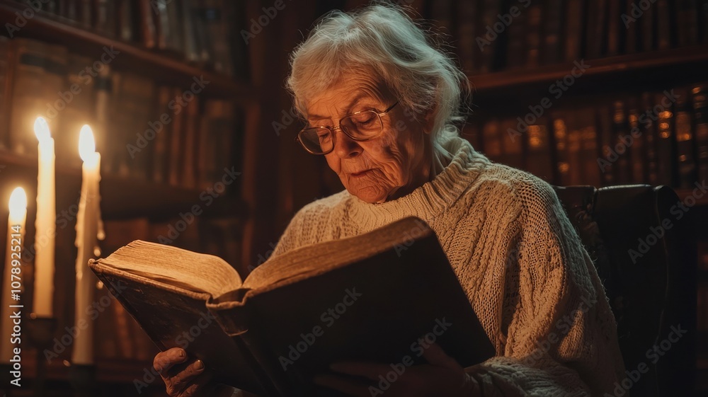 Elderly Woman Reading by Candlelight