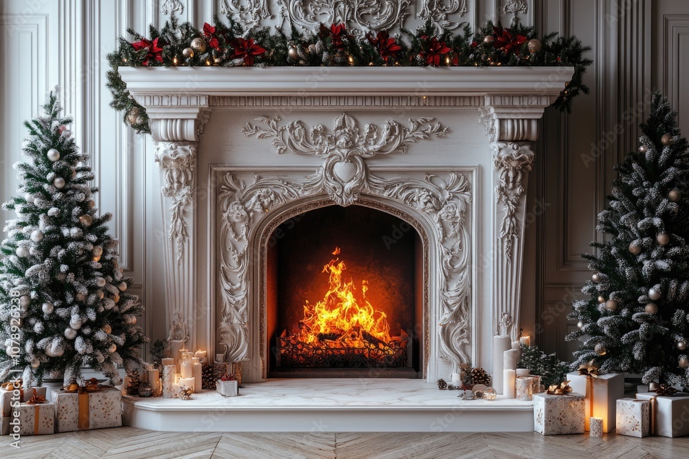 White fireplace with Christmas tree and decorations in the bright living room, festive interior design White fireplace with Christmas tree and decorations in the bright living room, festive interior design
