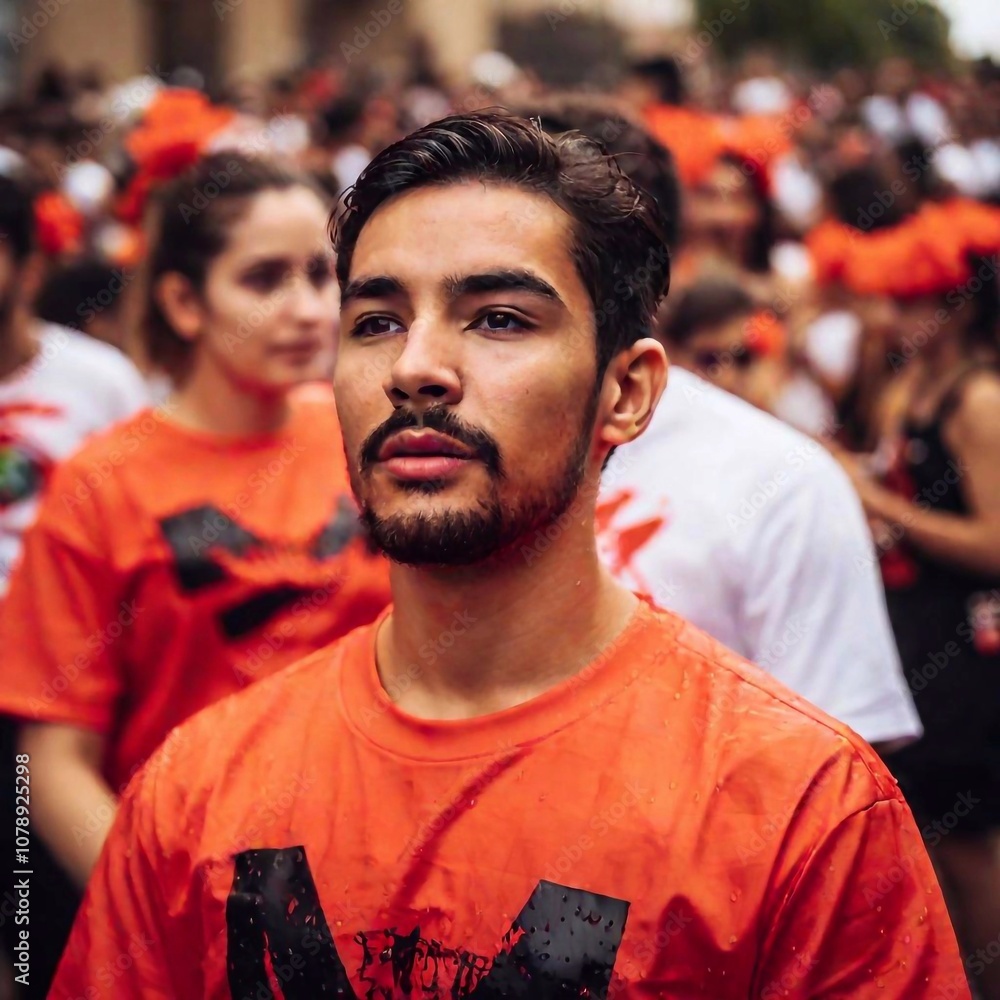 Design an image of La Tomatina participants in a full shot from an eye-level angle. Use shallow focus to make the tomato fight scene vibrant and lively, emphasizing the interaction between participant Design an image of La Tomatina participants in a full shot from an eye-level angle. Use shallow focus to make the tomato fight scene vibrant and lively, emphasizing the interaction between participant