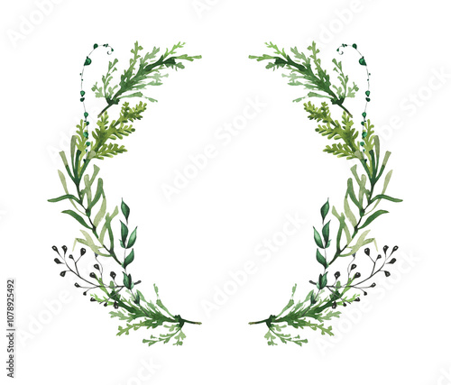 Watercolor winter round symmetrical wreath frame with evergreen branches, green thuja, rosemary, black dry twigs, curl plants. Christmas and New Year hand drawn illustration. Artistic template design.