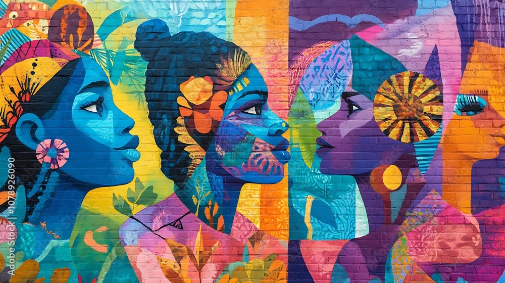 Fototapeta premium A vibrant and colorful mural depicting community and culture, ideal for urban art projects.