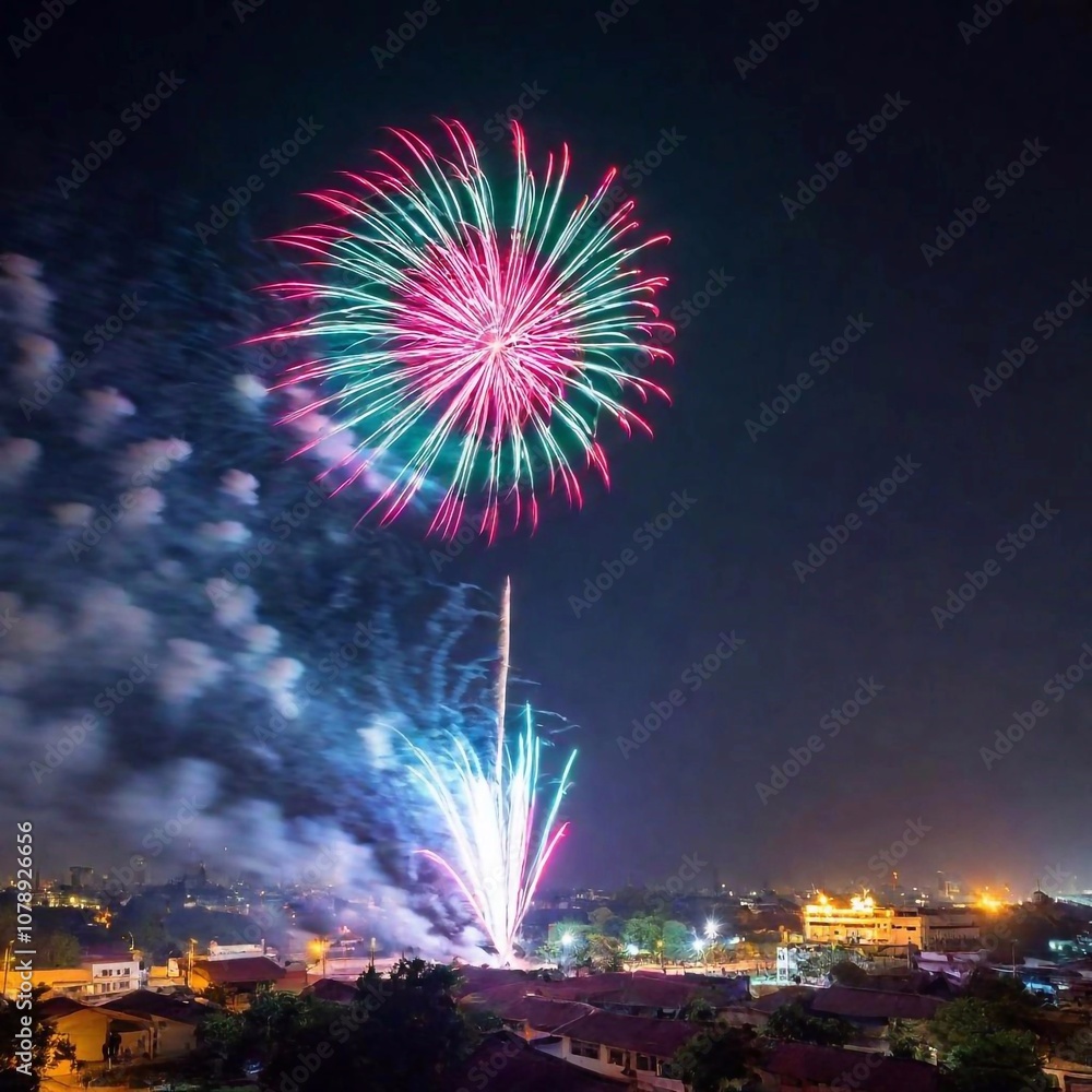 eye-level photo of a Diwali fireworks show, captured in a medium shot. Employ rack focus to bring the colorful fireworks into sharp relief, rest of the scene softly blurred to enhance the vividness an eye-level photo of a Diwali fireworks show, captured in a medium shot. Employ rack focus to bring the colorful fireworks into sharp relief, rest of the scene softly blurred to enhance the vividness an