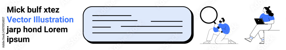 Text block with placeholder text, person sitting with laptop, and person communicating with chat bubble. Ideal for technology, communication, teamwork, messaging, online interaction, remote work Text block with placeholder text, person sitting with laptop, and person communicating with chat bubble. Ideal for technology, communication, teamwork, messaging, online interaction, remote work