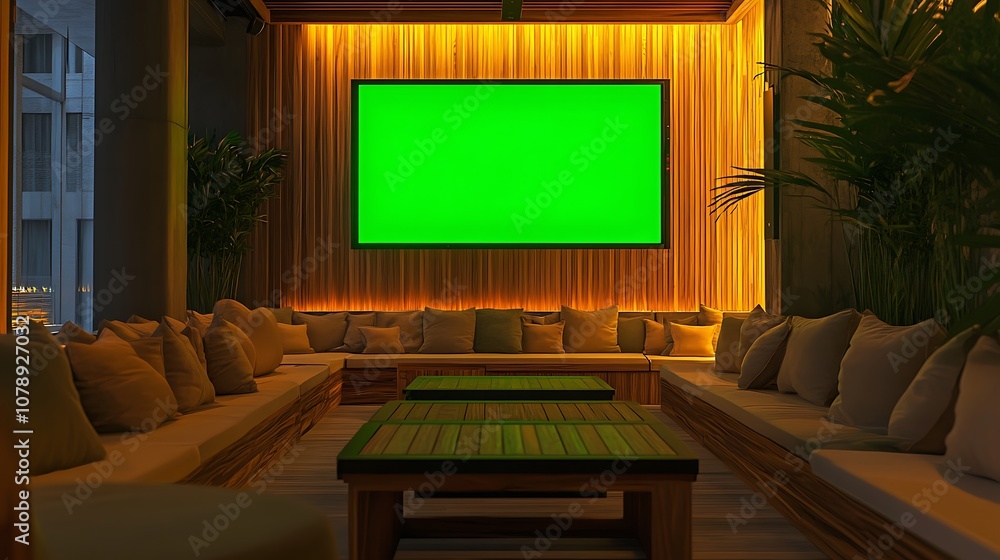 Wall-mounted green screen television in a relaxing lounge area with soft pillows and warm lighting Wall-mounted green screen television in a relaxing lounge area with soft pillows and warm lighting