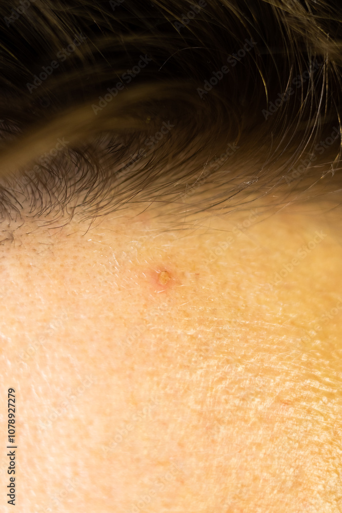 Fototapeta premium A pimple on a man's forehead. Acne on skin. Close up.