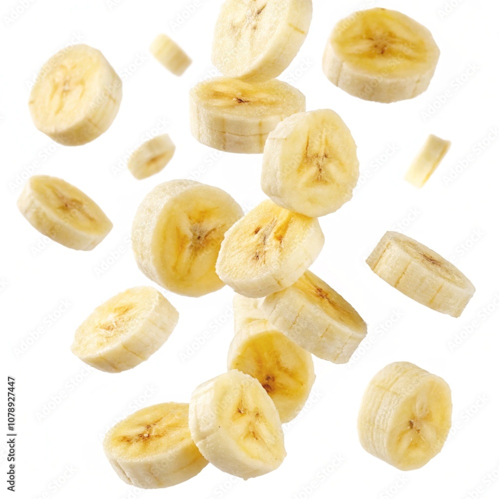 Flying banana slices, isolated on white background Flying banana slices, isolated on white background