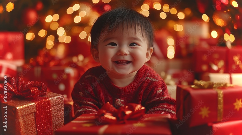 Smiling baby in a festive sweater surrounded by holiday gifts near a decorated tree Smiling baby in a festive sweater surrounded by holiday gifts near a decorated tree