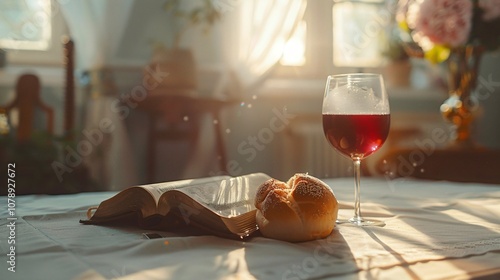 Eucharistic Symbols with Open Bible, Bread, and Wine in Sunlit Room