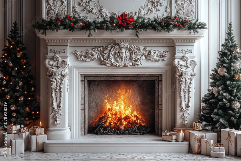 White fireplace with Christmas tree and decorations in the bright living room, festive interior design White fireplace with Christmas tree and decorations in the bright living room, festive interior design
