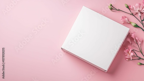 Mockup product concept, A minimalistic white box on a pink background, adorned with delicate pink flowers, creating a soft and elegant aesthetic.