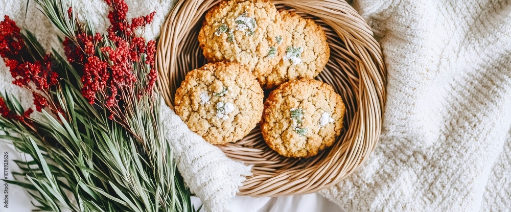 Homemade Cookies in a Wicker Basket on a Cozy Blanket Homemade Cookies in a Wicker Basket on a Cozy Blanket