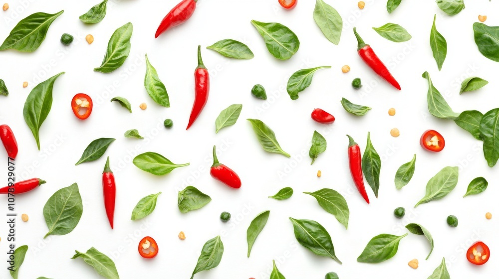 Red Chili Peppers and Basil Leaves on White Background Red Chili Peppers and Basil Leaves on White Background