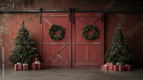 Vintage rustic barn door, backdrop for photography, Christmas trees with gifts, and Christmas decorations