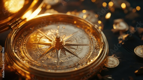 Golden compass pointing to wealth and finance