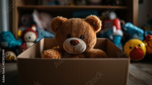 With teddy bear perched atop, the brightly decorated donation box evokes warmth, generosity, and the spirit of giving.