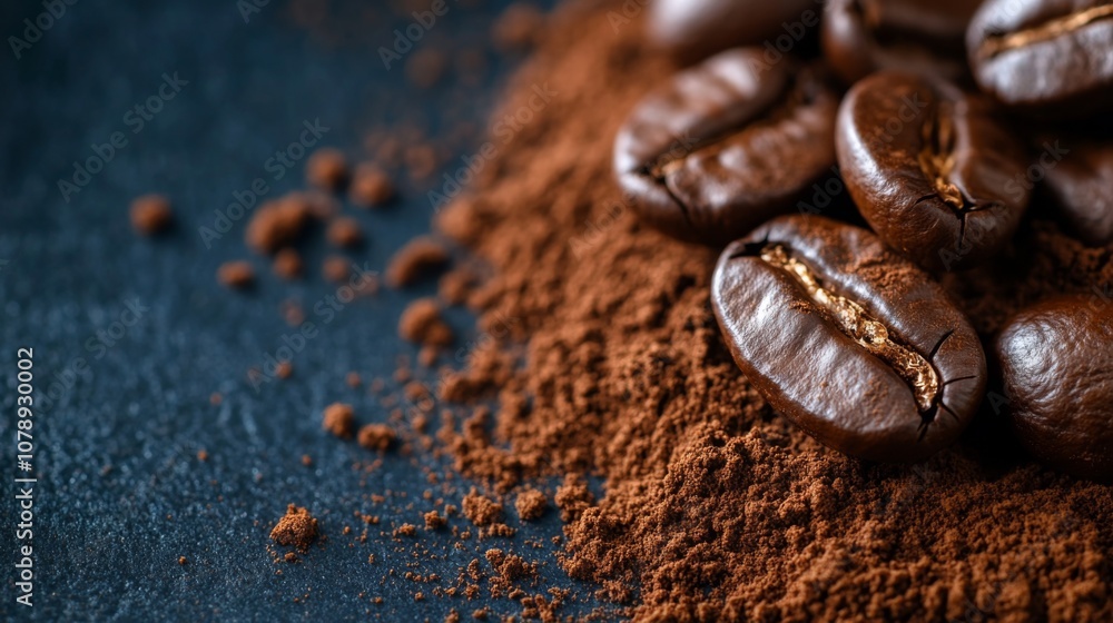 Close-up of Roasted Coffee Beans and Grounds Close-up of Roasted Coffee Beans and Grounds